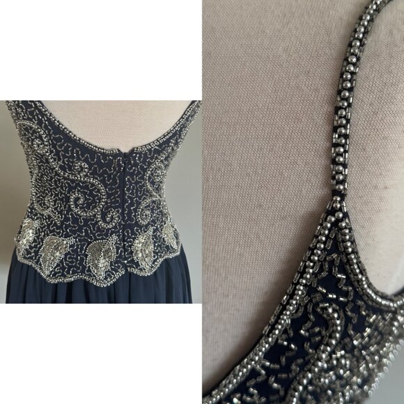 Vintage Oleg Cassini Navy 100% Silk Silver Pearl Beaded Party Dress | Sz 8 - Picture 9 of 14
